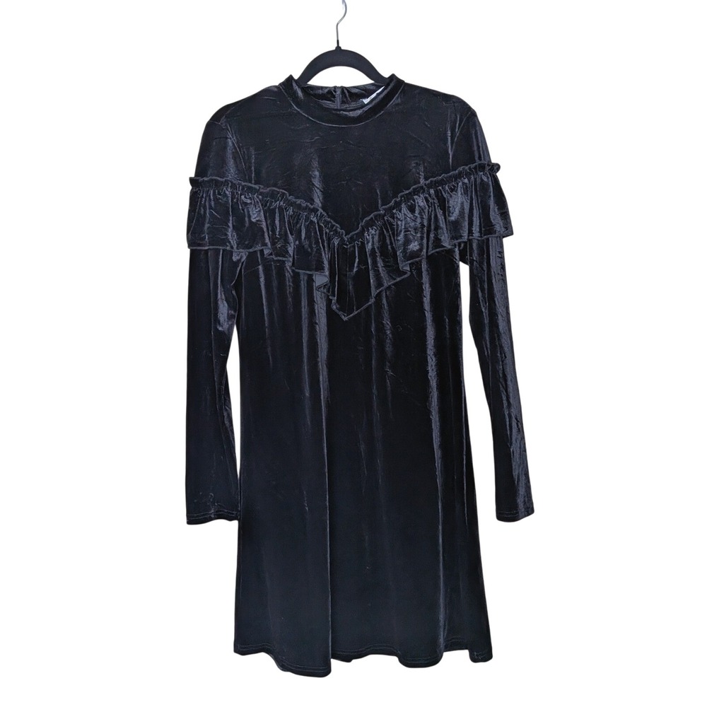 Gestuz Black Velvet Ruffle Long Sleeve Dress Sz M Whimsigoth Goth Witchy 90s Y2K - Picture 1 of 8